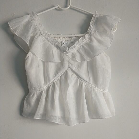 Japana Crop Top XS White Ruffle Ruched Cottagecore Boho Peasant Coquette - Picture 1 of 6